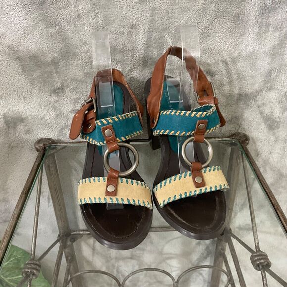 Chinese Laundry Golden LEATHER Heeled Stacked SANDALS WOMAN’S SIZE 9.5 Turquoise - Picture 2 of 10